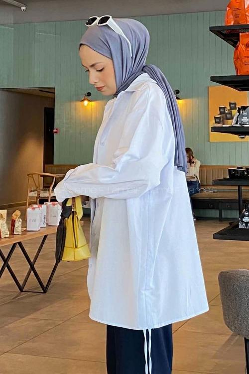 Lamelif Yanları İp Büzgülü Oversize Gömlek Beyaz