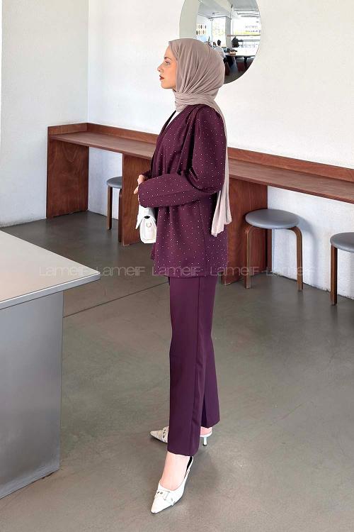 Lamelif Belden Büzgülü Taş Detaylı Pantolonlu Takım Mürdüm