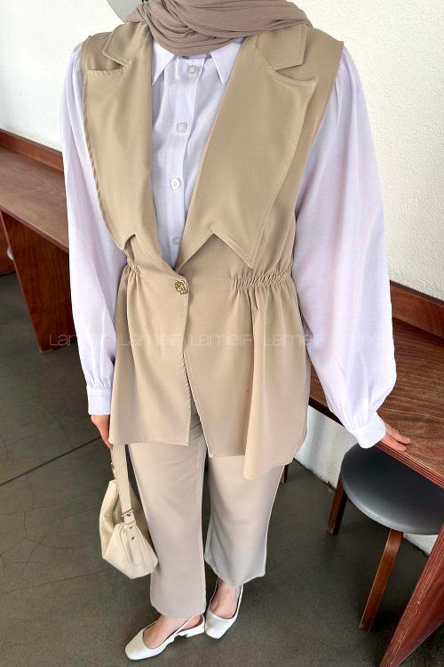 Lamelif Blazer Kesim Yelekli Takım Bej