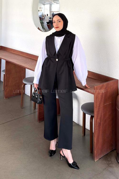 Lamelif Blazer Kesim Yelekli Takım Siyah