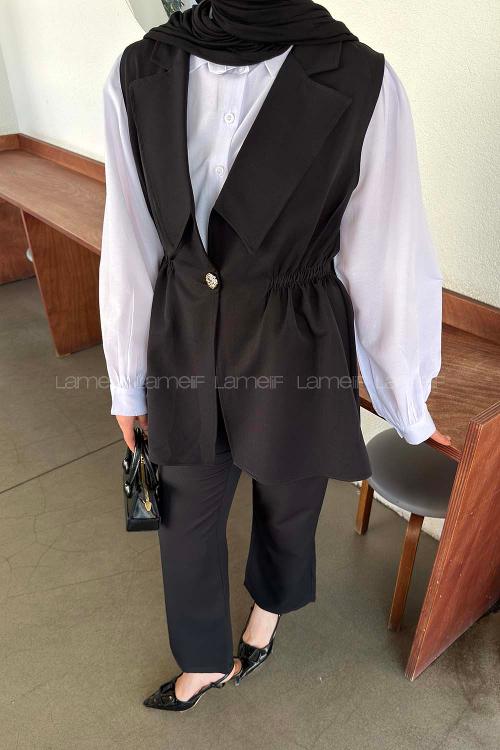 Lamelif Blazer Kesim Yelekli Takım Siyah