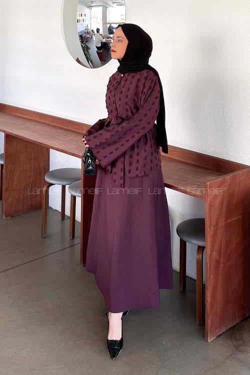 Lamelif Jakarlı Püskül Detaylı İkili Takım Mürdüm