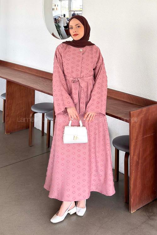 Lamelif Kabartma Nakış İşlemeli Etekli Takım Pembe