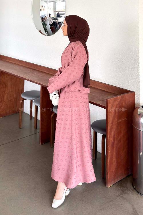 Lamelif Kabartma Nakış İşlemeli Etekli Takım Pembe