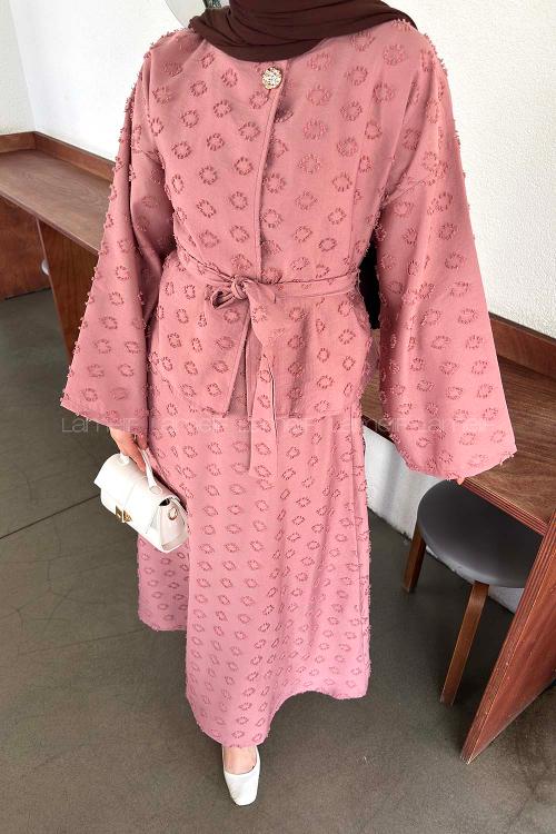 Lamelif Kabartma Nakış İşlemeli Etekli Takım Pembe