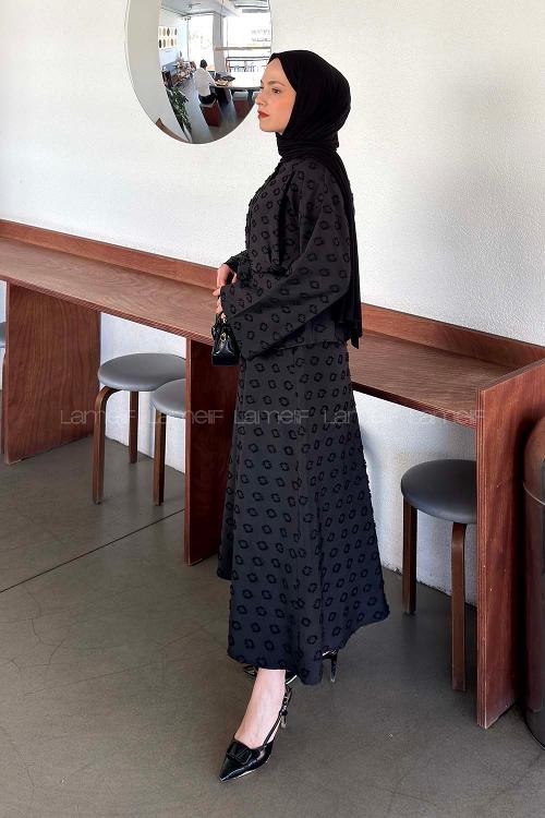 Black Crew Neck Long Arm Cotton Straight Skirt Suit