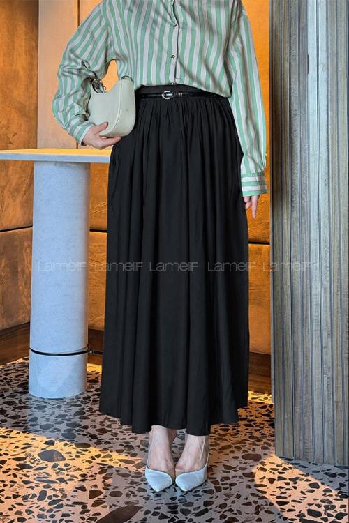 Black Viscose Fabric Polyester Flared Skirt Skirt