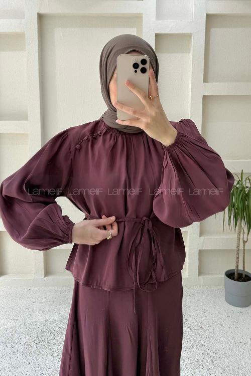 Lamelif Birit Düğme Detaylı Takım Mürdüm