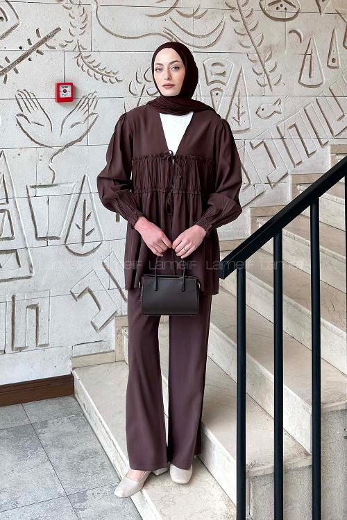 Lamelif Büzgü Detaylı Pantolonlu Takım Acı Kahve