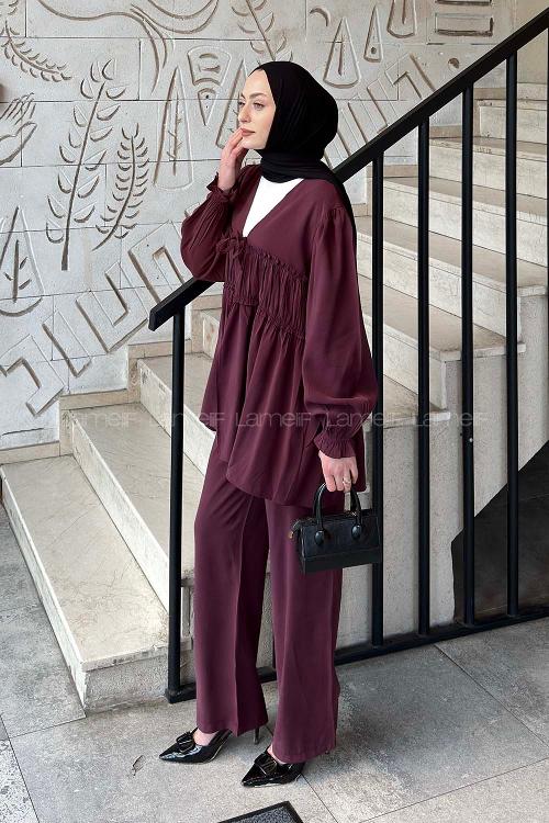Lamelif Büzgü Detaylı Pantolonlu Takım Mürdüm
