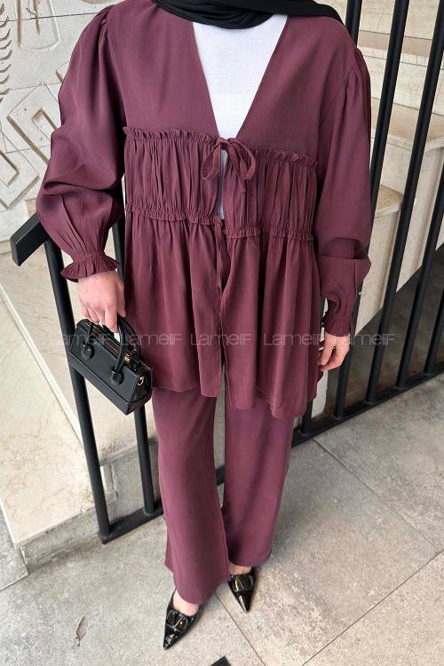 Lamelif Büzgü Detaylı Pantolonlu Takım Mürdüm