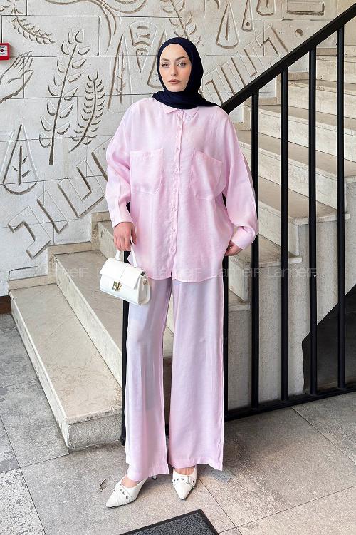 Lamelif Cepli Modal Pantolonlu Takım Pembe
