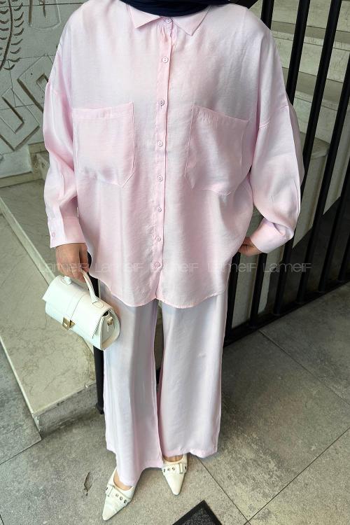 Lamelif Cepli Modal Pantolonlu Takım Pembe