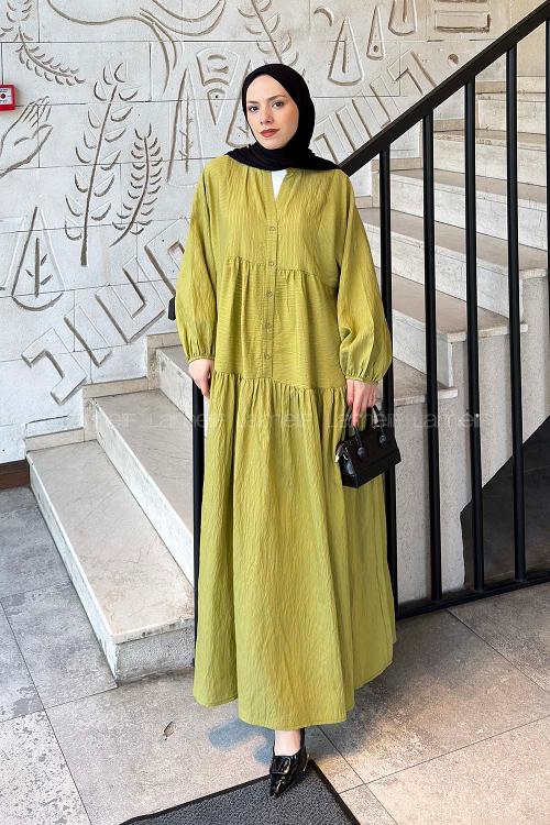 Lamelif Çizgi Detaylı Elbise Yağ Yeşili