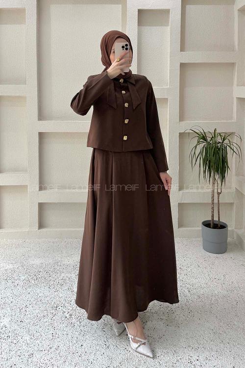 Dark Brown Shirt Collar Long Arm Lycra Polyester Straight Skirt Suit