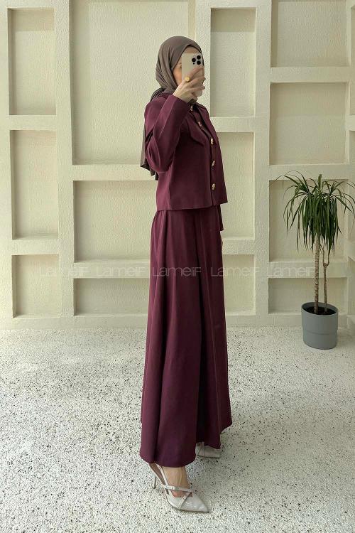 Lamelif Fiyonk Görünümlü Çift Yaka Takım Mürdüm