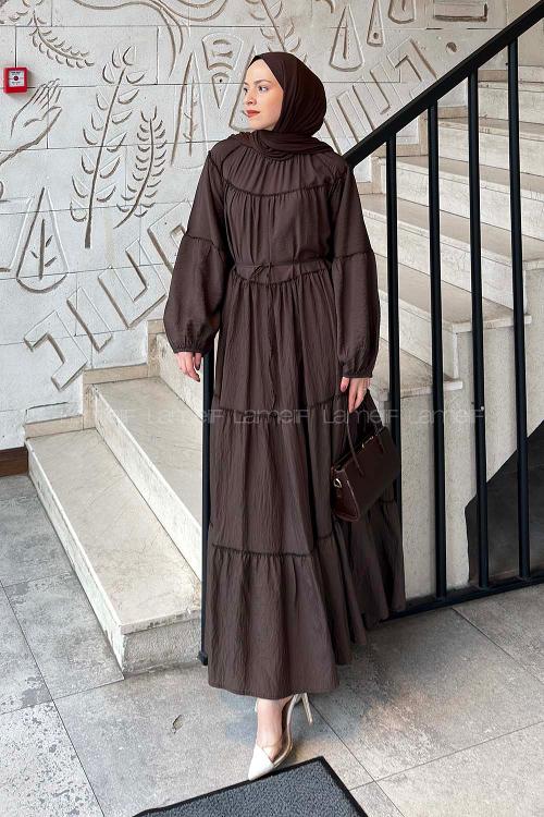 Lamelif Kat Detaylı Bağlamalı Elbise Acı Kahve
