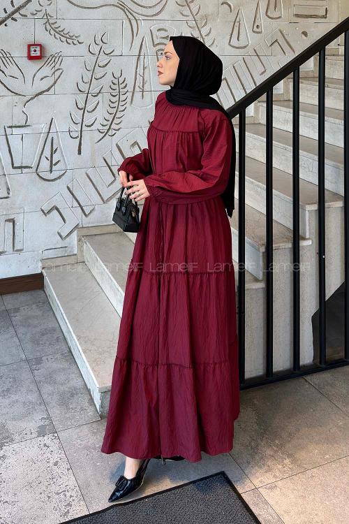 Lamelif Kat Detaylı Bağlamalı Elbise Bordo