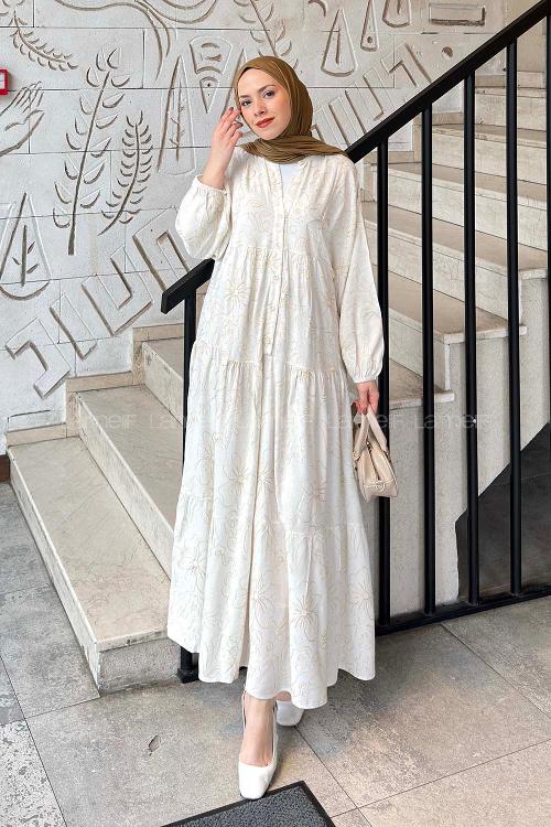 Lamelif Katleya Model İşlemeli Elbise Ekru