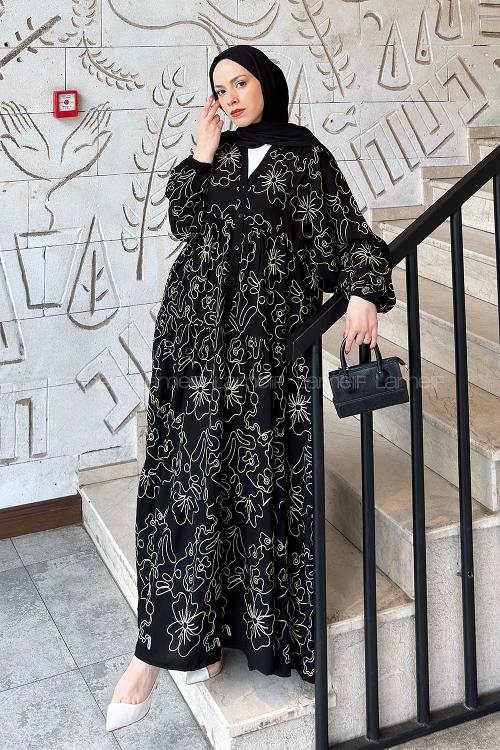 Lamelif Katleya Model İşlemeli Elbise Siyah