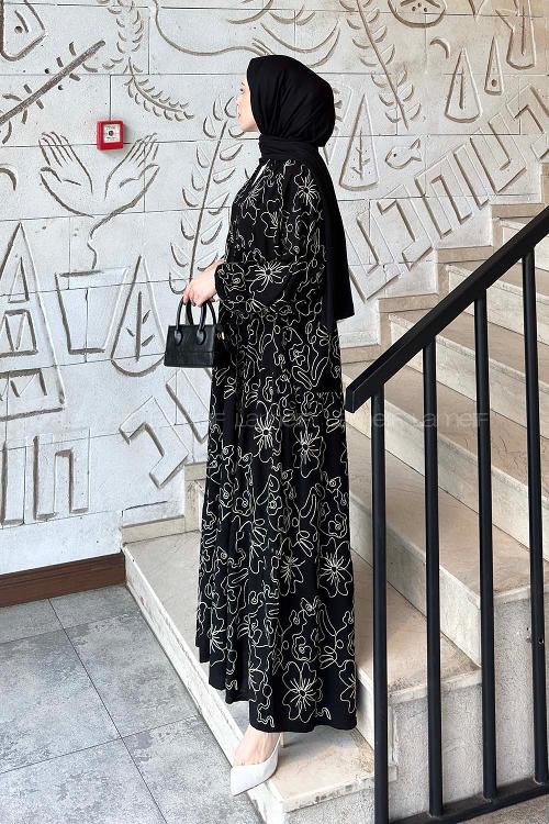 Lamelif Katleya Model İşlemeli Elbise Siyah