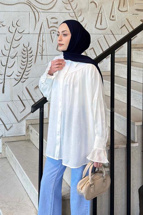 Lamelif Kolları Fırfırlı Tesettür Gömlek Ekru