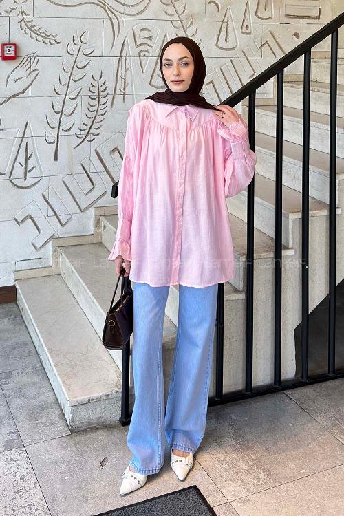 Candy Pink Shirt Collar Long Arm Viscose Fabric Shirt