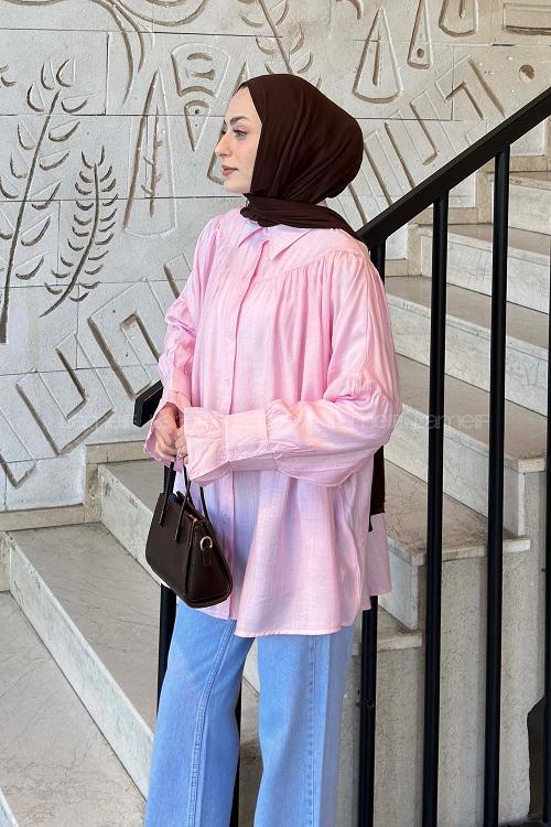 Candy Pink Shirt Collar Long Arm Viscose Fabric Shirt