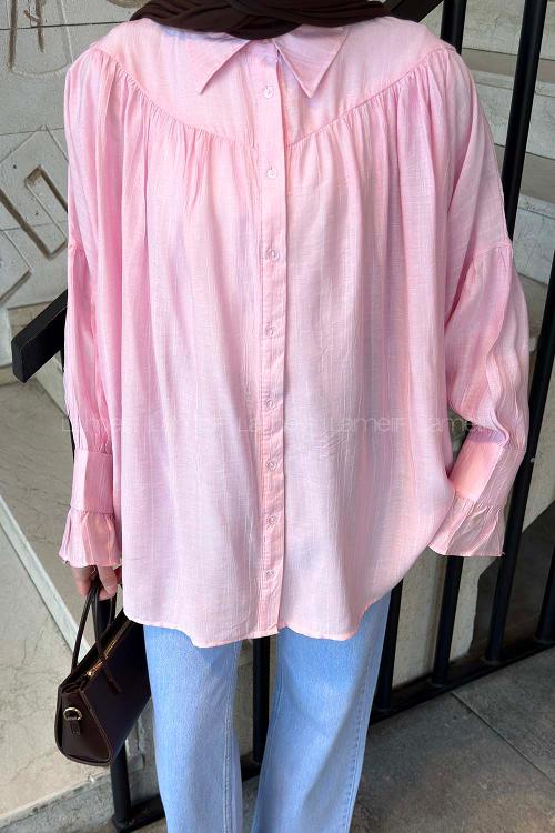 Candy Pink Shirt Collar Long Arm Viscose Fabric Shirt