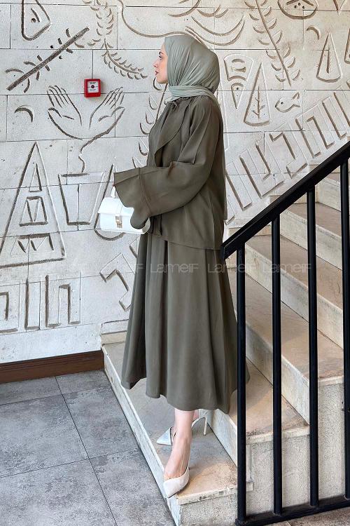 Lamelif Tensel Fırfırlı Tesettür Takım Haki