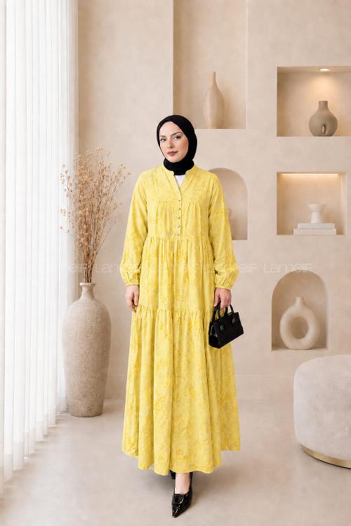 Lamelif Çiçek Desenli Gold Düğmeli Elbise Sarı