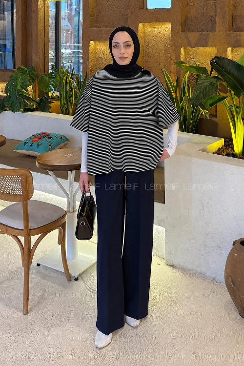 Lamelif Çizgili T-shirt Siyah-Ekru