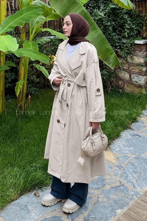Lamelif Uzun Apoletli Oversize Trenç Taş Rengi