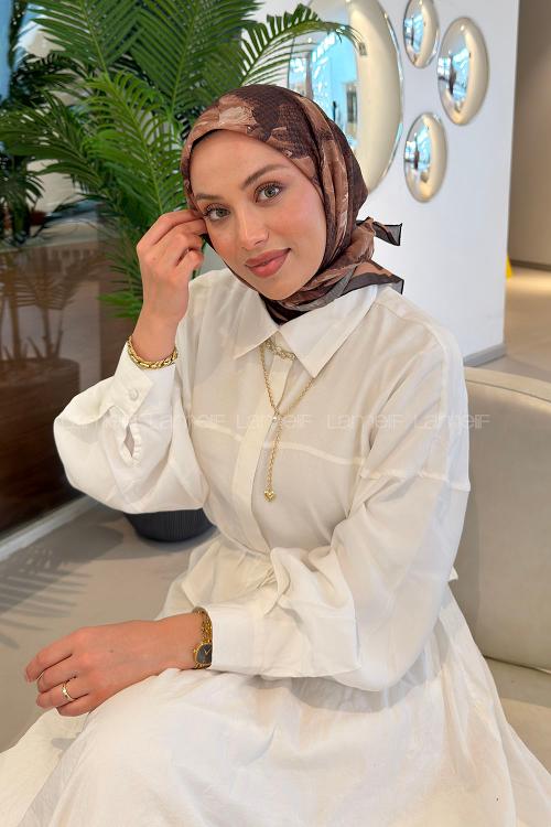 Lamelif Gül Desen Soft Eşarp Acı Kahve