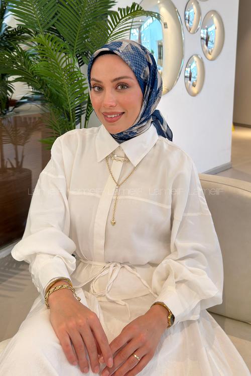 Lamelif Gül Desen Soft Eşarp Lacivert