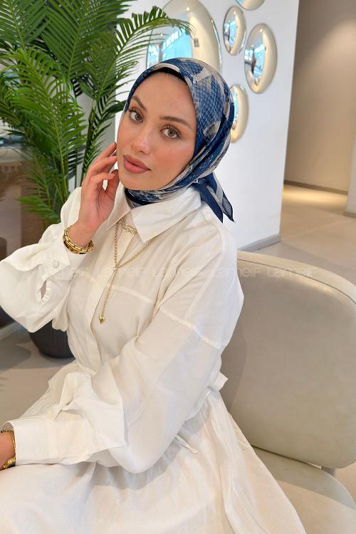 Lamelif Gül Desen Soft Eşarp Lacivert