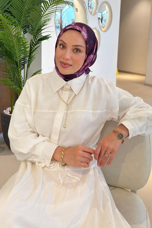 Lamelif Gül Desen Soft Eşarp Mor