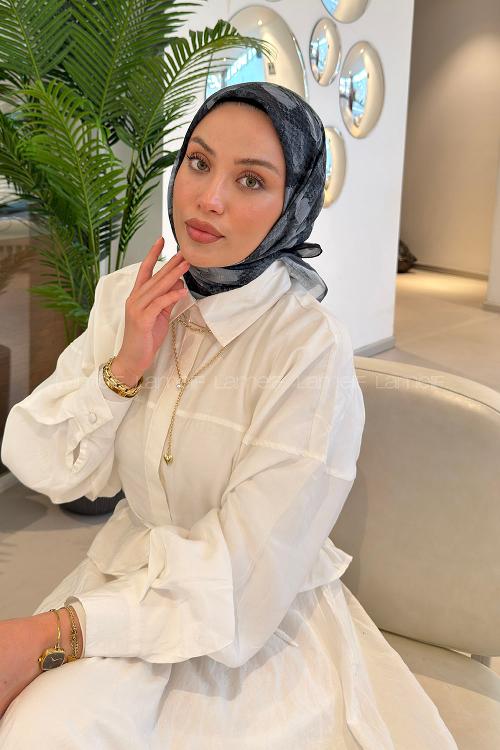 Lamelif Gül Desen Soft Eşarp Siyah