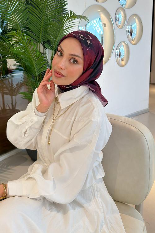 Lamelif Bohem Çiçek Desen Soft Eşarp Bordo