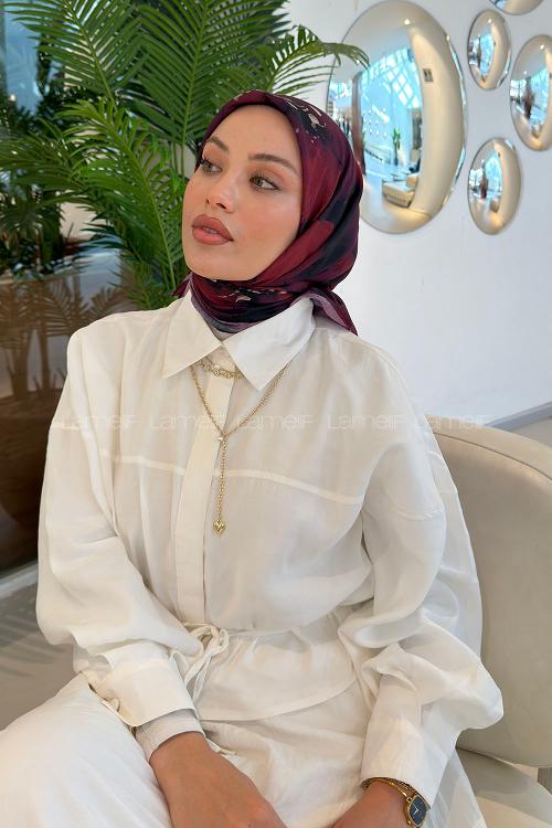 Lamelif Bohem Çiçek Desen Soft Eşarp Bordo