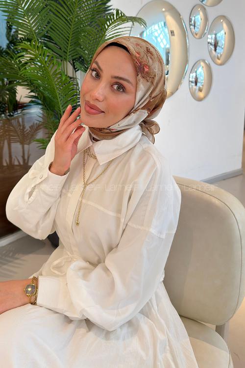 Lamelif Bohem Çiçek Desen Soft Eşarp Camel