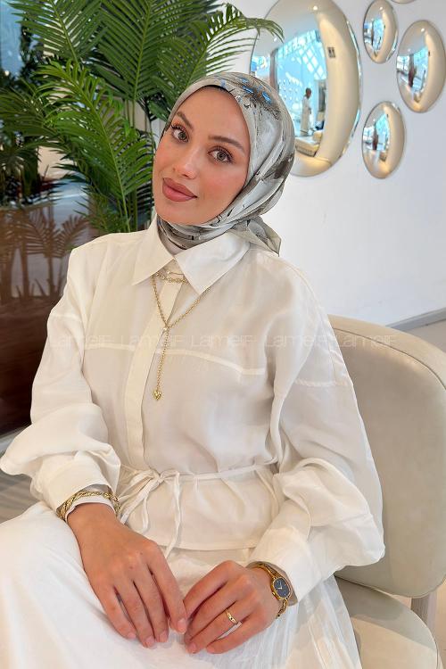 Lamelif Bohem Çiçek Desen Soft Eşarp Koyu Bej