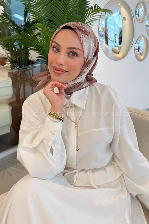 Lamelif Bohem Çiçek Desen Soft Eşarp Sütlü Kahve