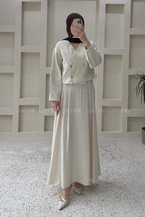 Lamelif Crop Ceket-Etek Takım Taş Rengi
