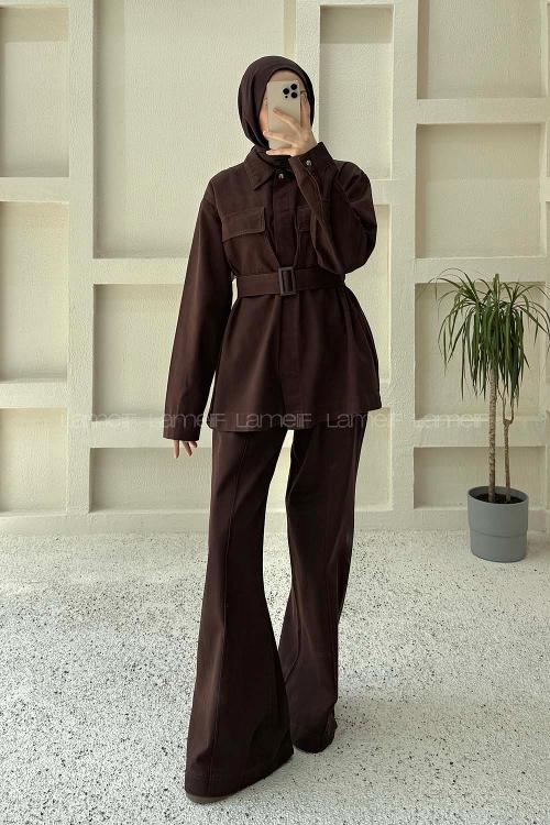 Lamelif Kemerli Denim Takım Kahverengi
