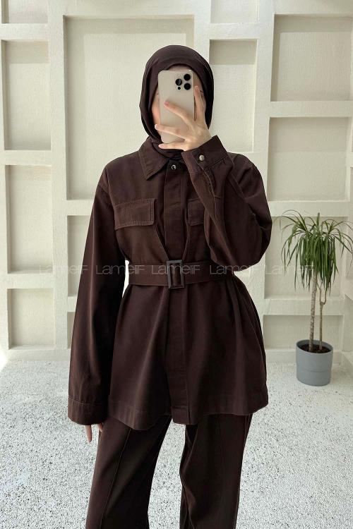 Lamelif Kemerli Denim Takım Kahverengi