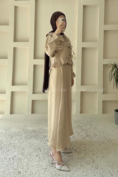 Beige Peter Pan Collar Long Arm Sandy Fabric Straight Skirt Suit