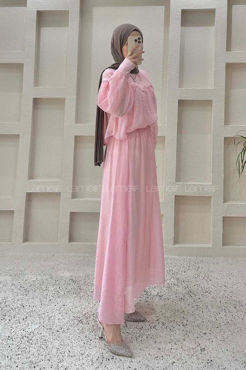 Lamelif Biye Detaylı Etekli Takım Pembe