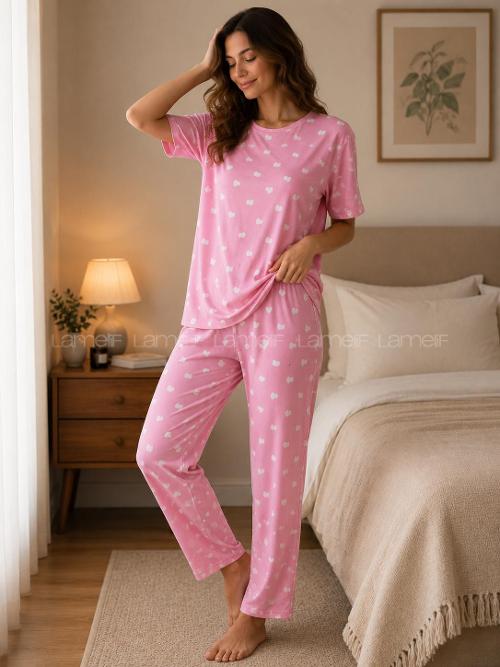 Lamelif Kadın Milan Kumaş Kalp  Desen  Pijama Takımı