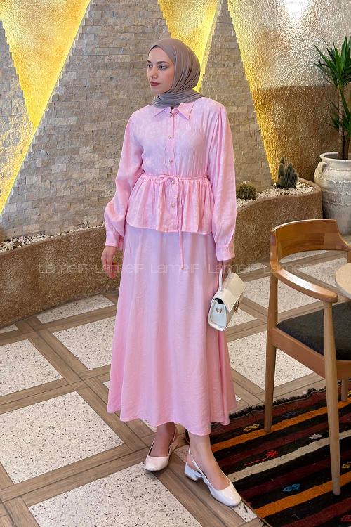 Lamelif Bağlama Detaylı Desenli Tesettür Takım Pembe